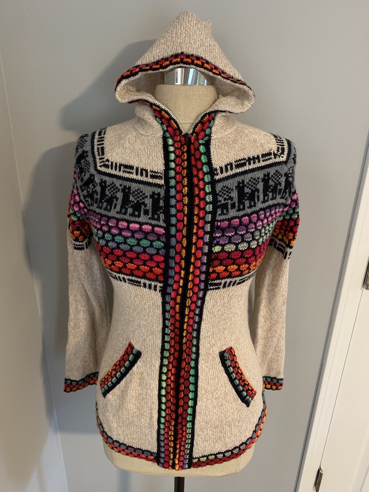 Vintage 70s Alpaca Knit Alpaca Peru Hoodie Sweater Cardigan Hippy Boho Festival