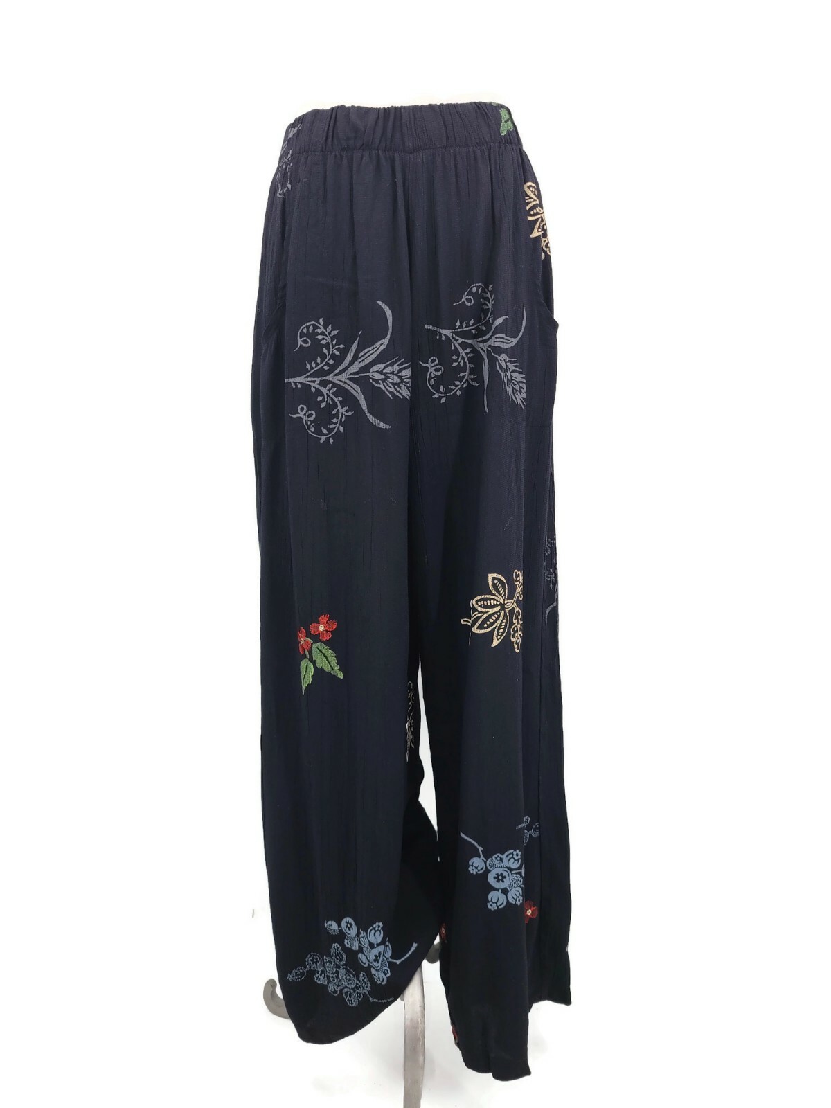 Vtg JG&rsquo;s Mad Lab Black Pants Womens Small Rayon Blend Handpainted Floral
