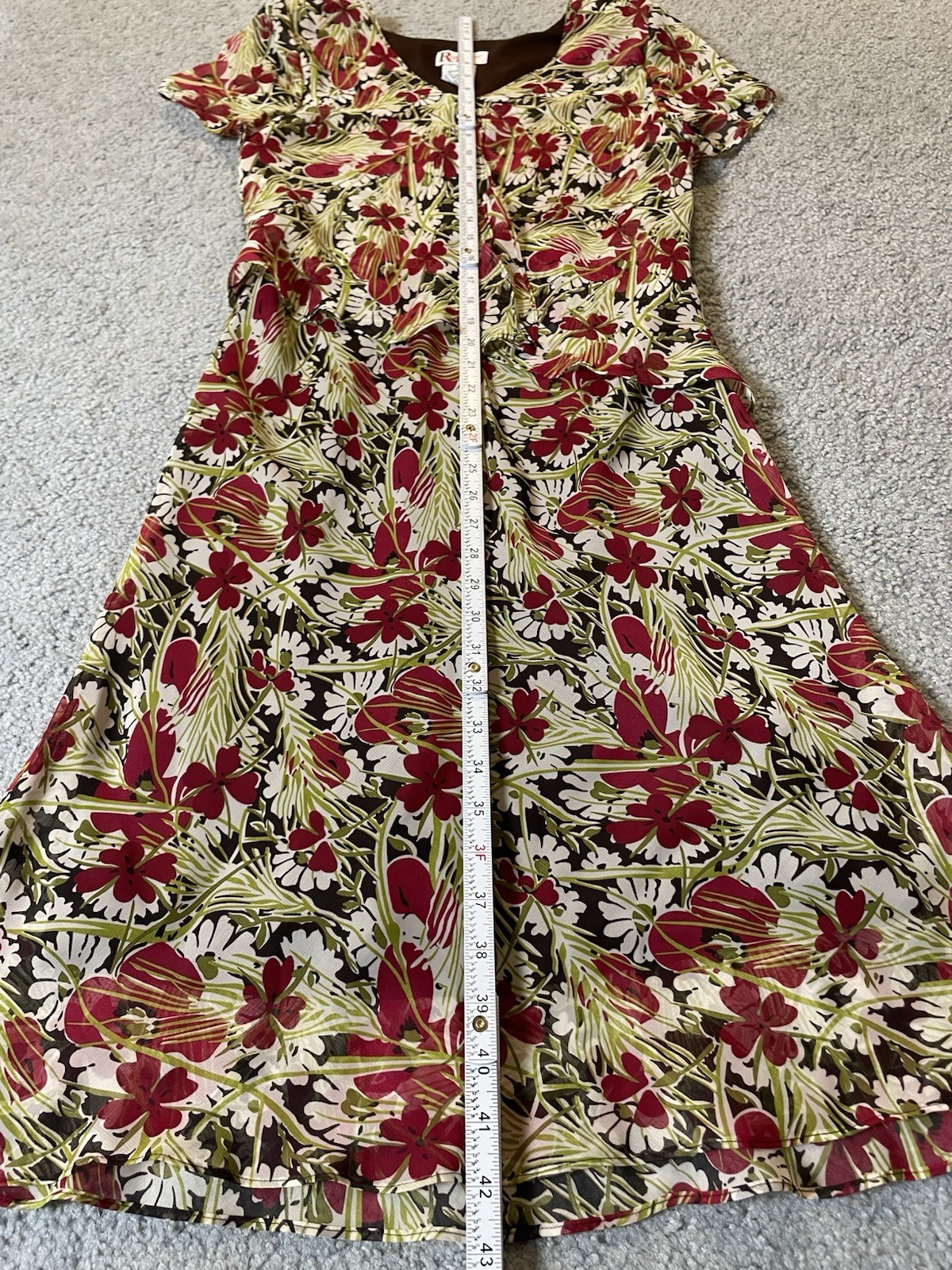 80’s R&K Originals Layered Floral Dress 8P Green Red Chiffon Career Boho Party