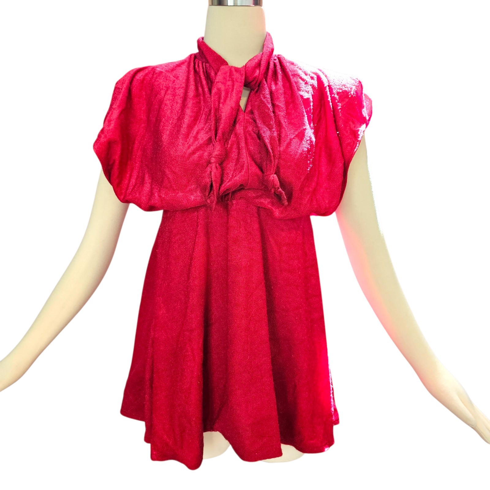 Vintage 1970s Blouse Top Shirt Terry Cloth Bright Pink Butterfly Sleeves Necktie