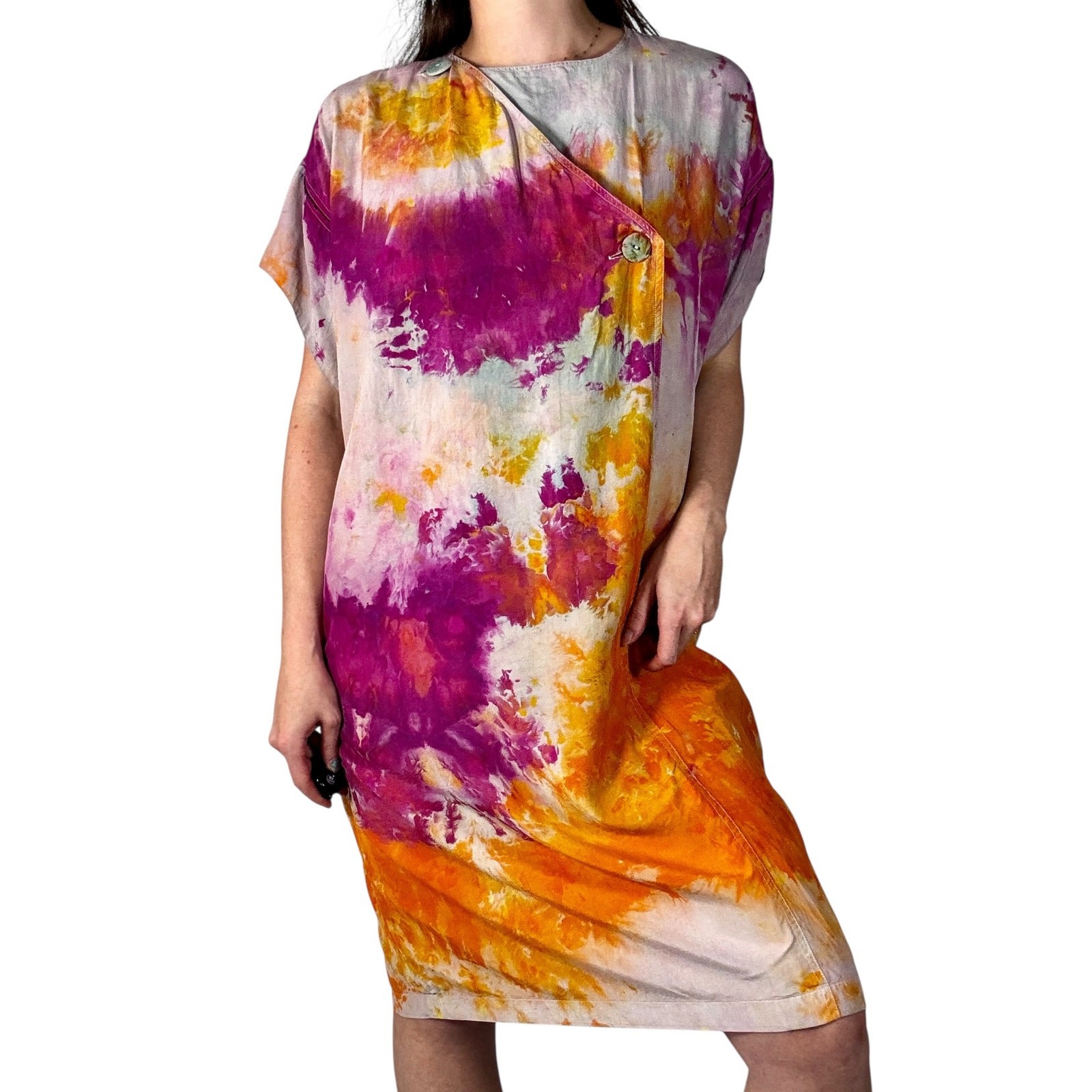 Hand Dyed Vintage 80s Lzinga Silk Shift Dress Orange Magenta Ice Dye Wood Button