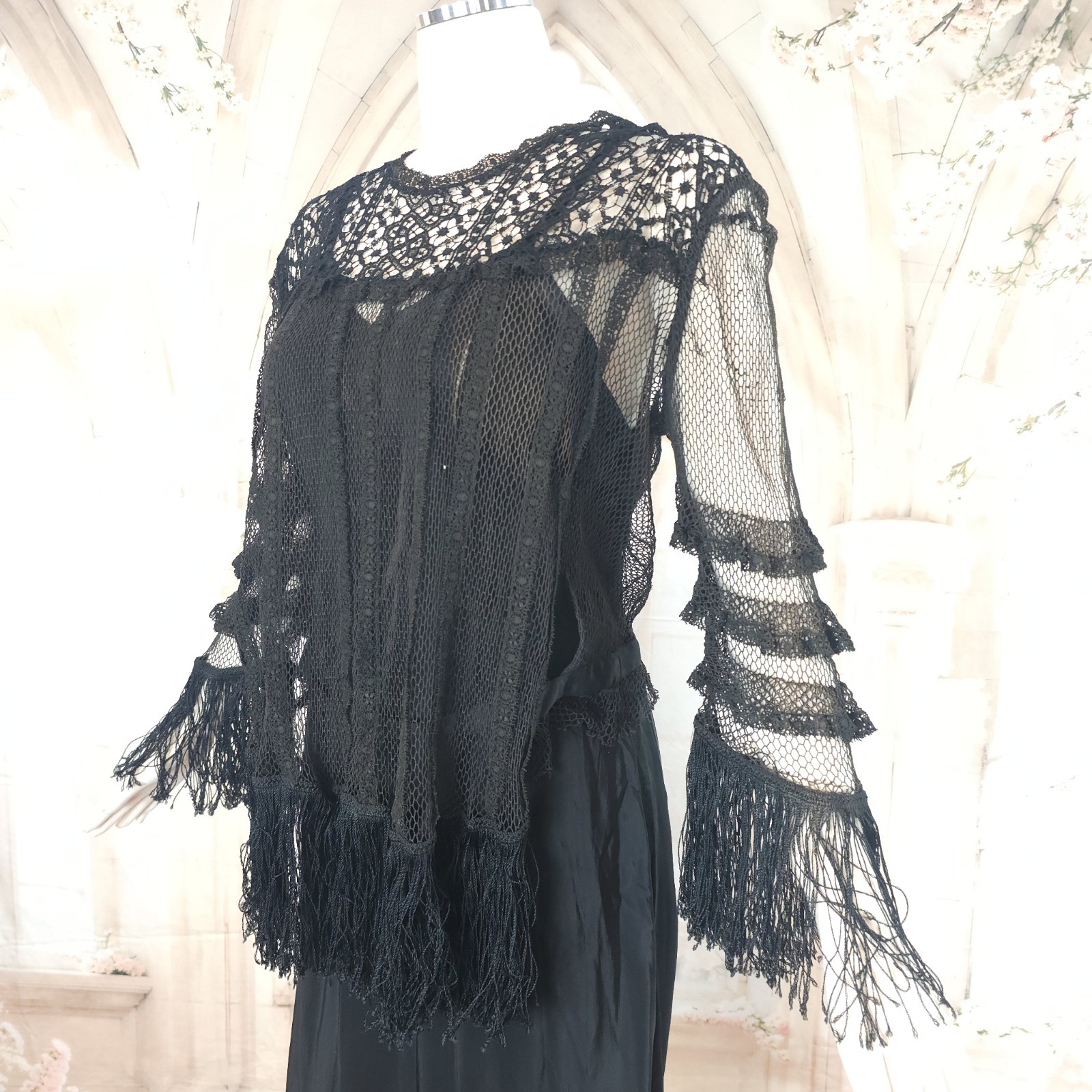 Black Crochet Lace Blouse Fringe Tassels Antique Victorian Edwardian Top Shirt