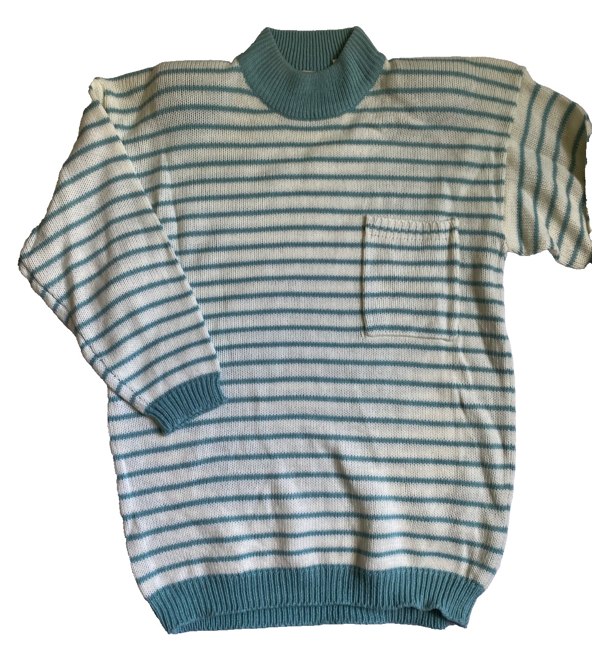 Vintage 80s A&rsquo;Milano Teal and White Striped Knit Short Sleeve Sweater Women&rsquo;s L