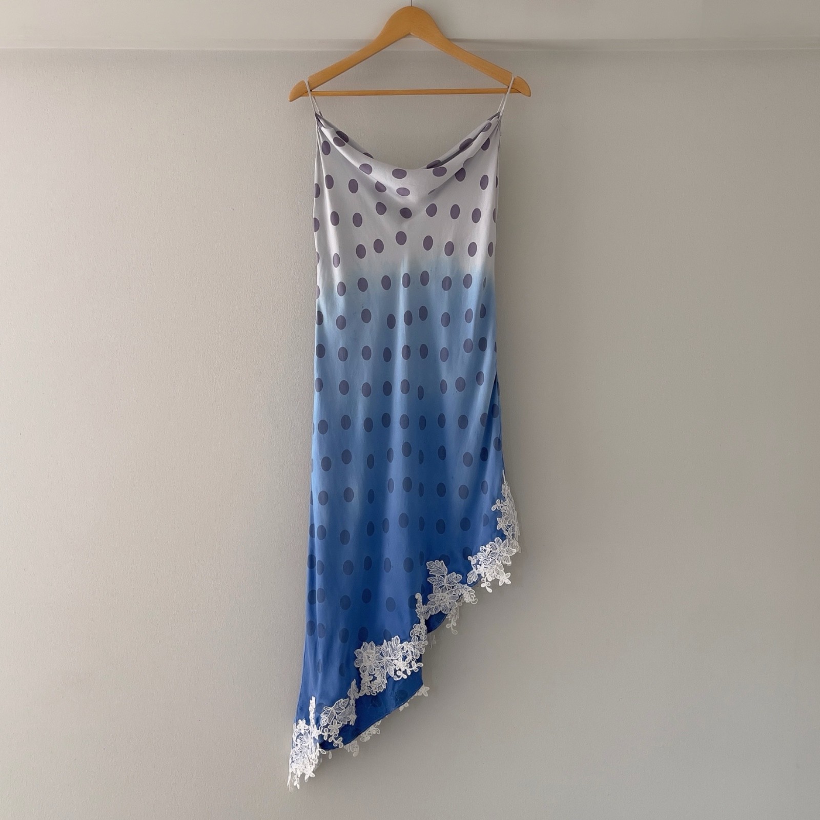 Vintage Pale Lavender & Hand-Dyed Blue Silk Polka Dot Slip Dress (S–M)