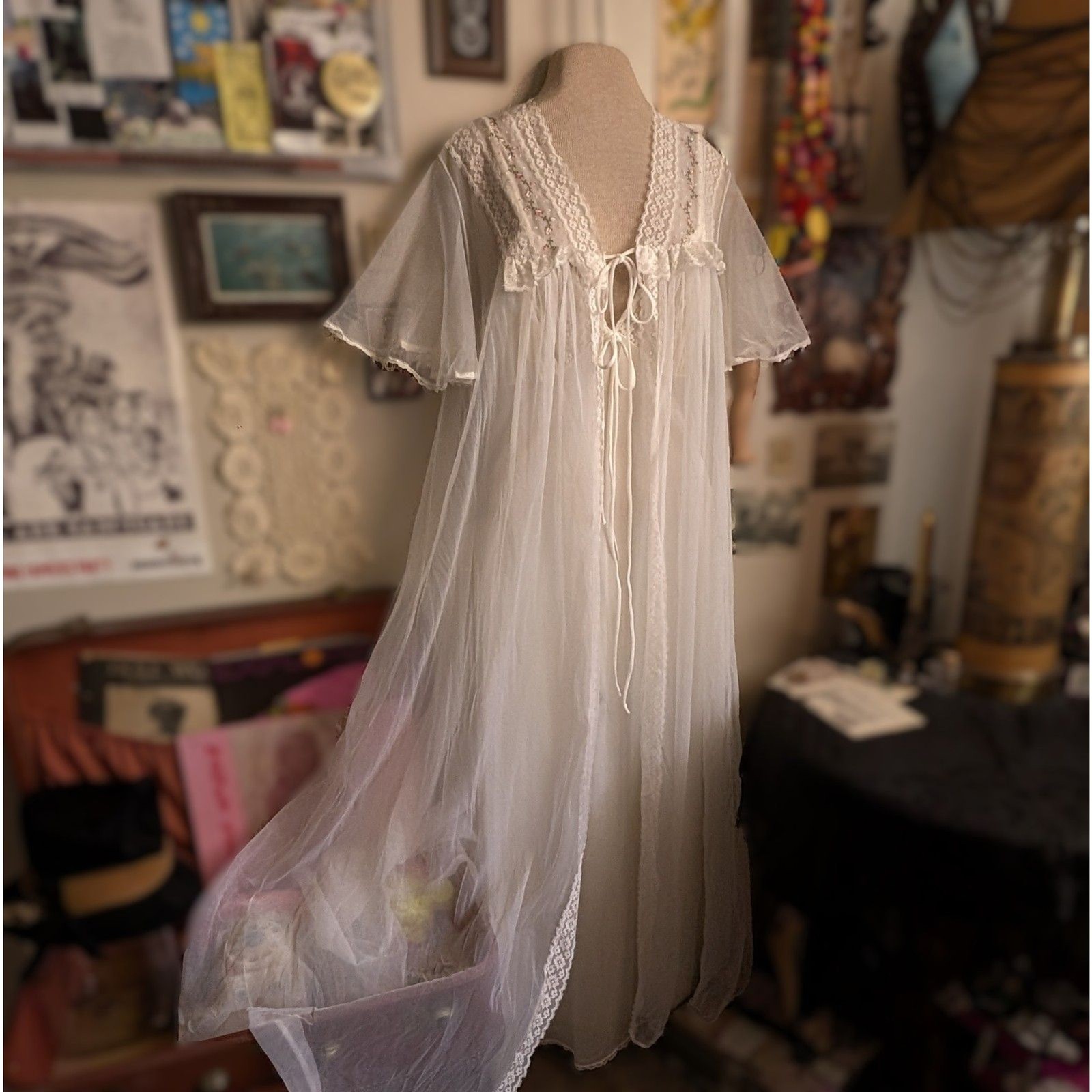 Vintage 60s Lace Petticoat Slip Dress Lingerie Set Women&rsquo;s Medium/Large White