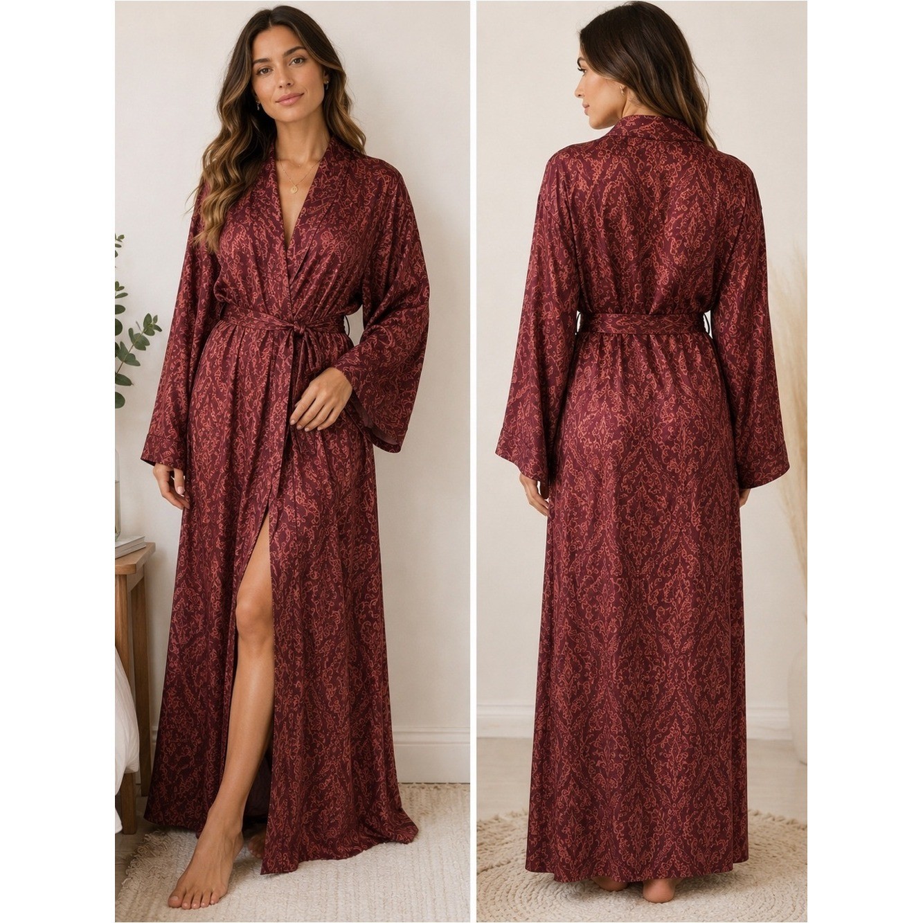 Veena 70% Silk Burgundy Paisley Kimono Robe Long Hostess Dressing Gown L/XL Y2K