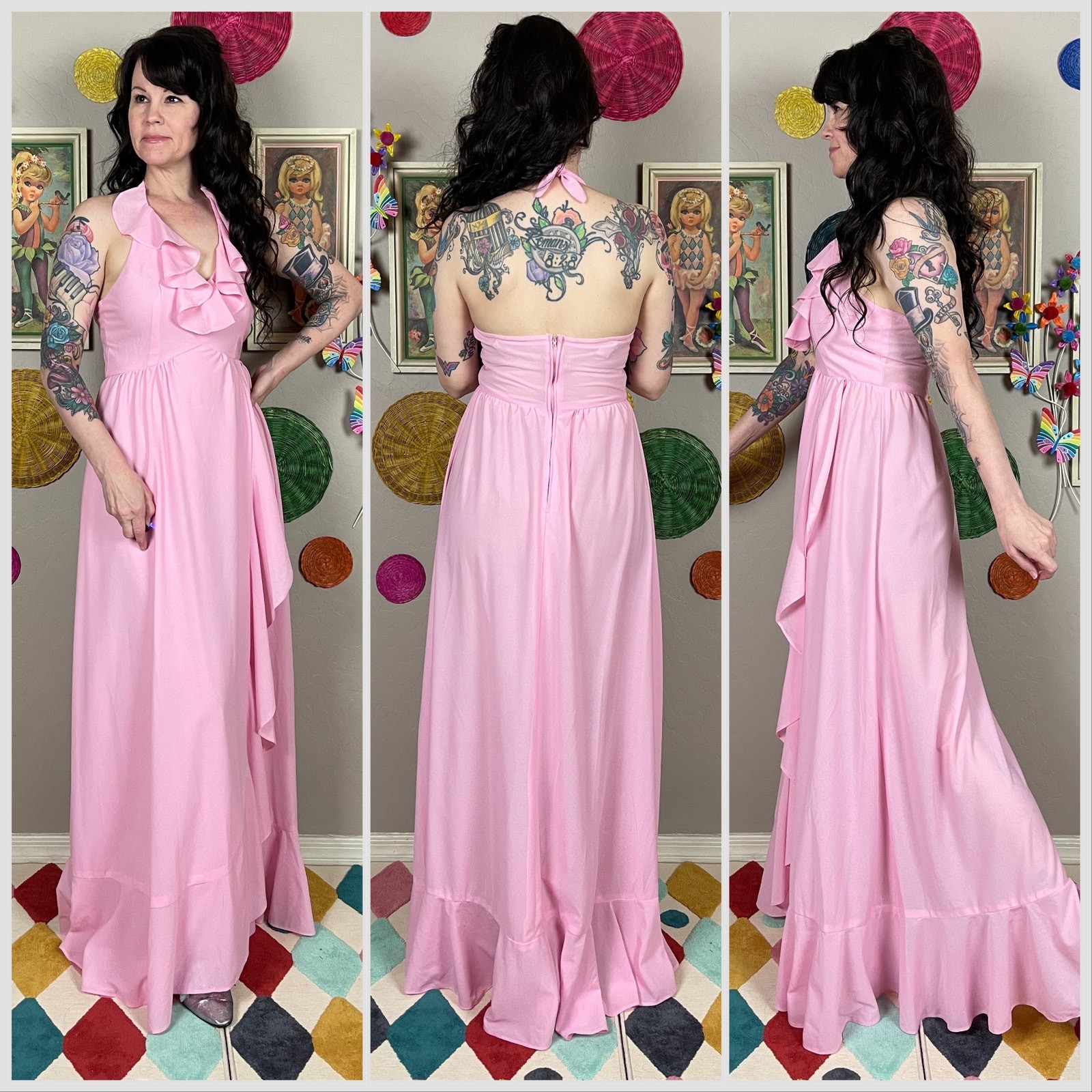 Vintage 1970s Bubblegum Pink Ruffled Halter Maxi Dress | XS/S – 26&Prime;-28&Prime; Waist