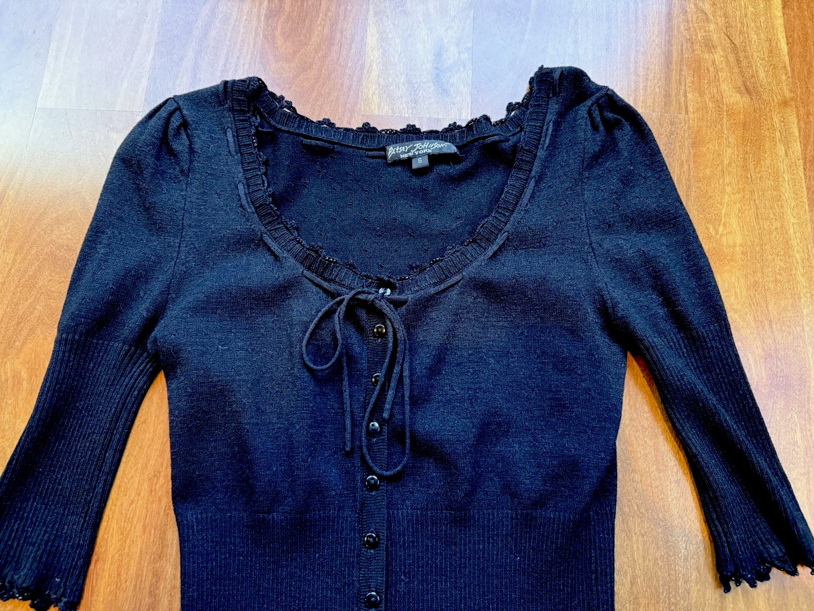 EUC RARE Betsey Johnson NY 90s Y2K Black Petite Cardigan Pointelle Size S 2 4