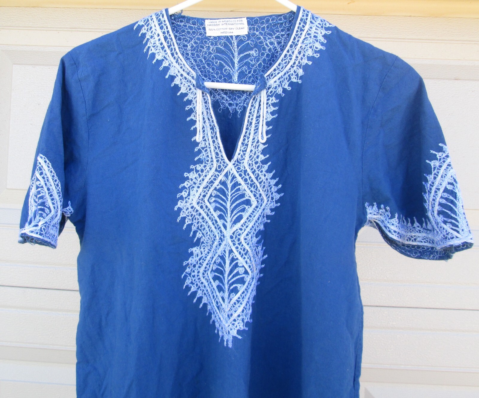Morocco Caftan Dress Blue White Embroidery Vintage Kaftan Medium