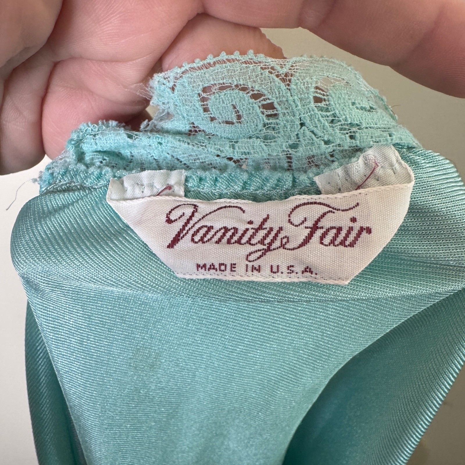 Vintage Vanity Fair Aqua Blue Nylon Nightgown Lace V-Neck XL Made in USA 70s