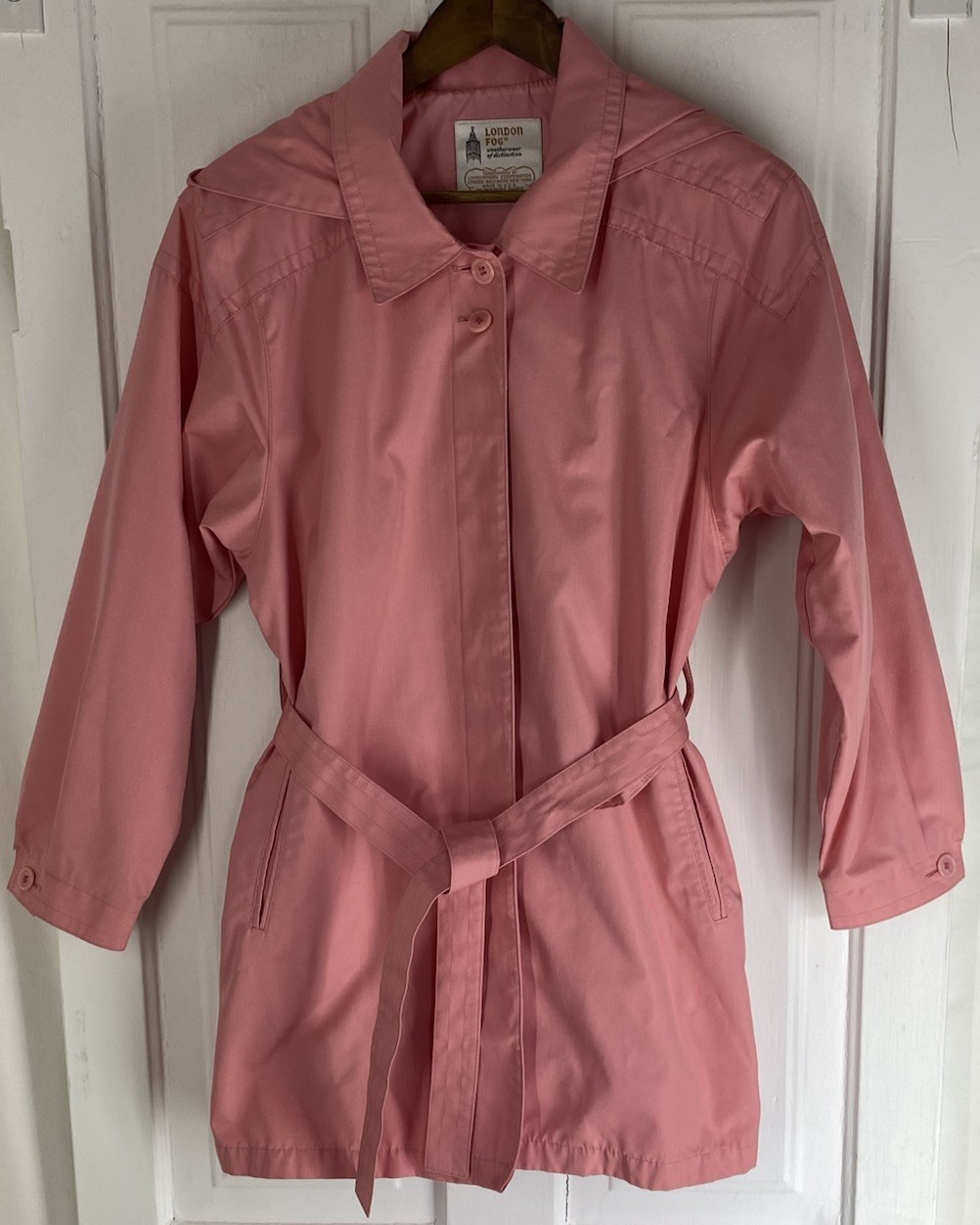 London Fog (Size 14 Womens) Pink Mid-Length Hooded Trench Coat, Vintage 1970’s