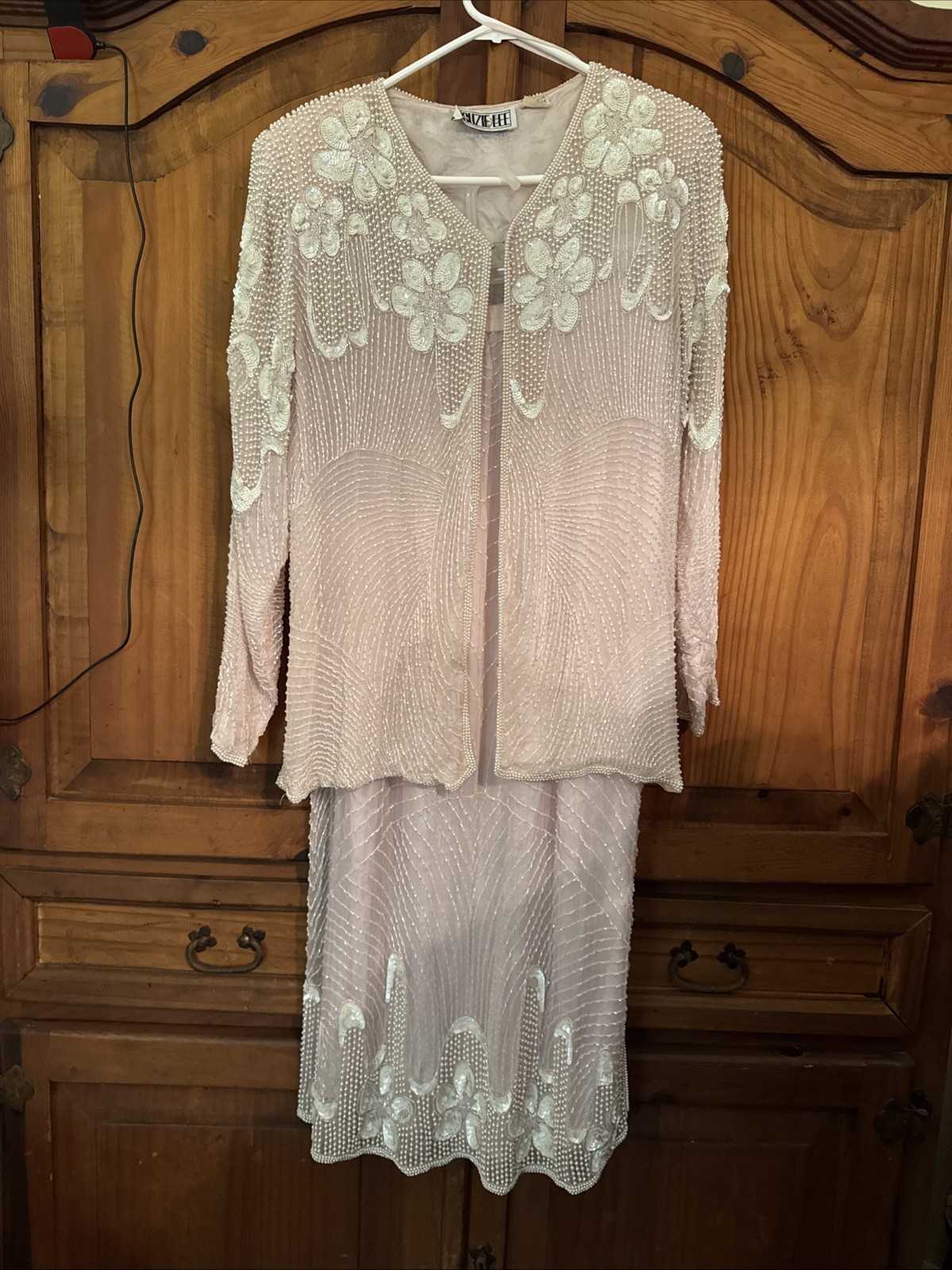 Vintage Suzie Lee 100% Silk Suit 80s Art Deco Skirt Jacket Beaded Lt Pink Sz L