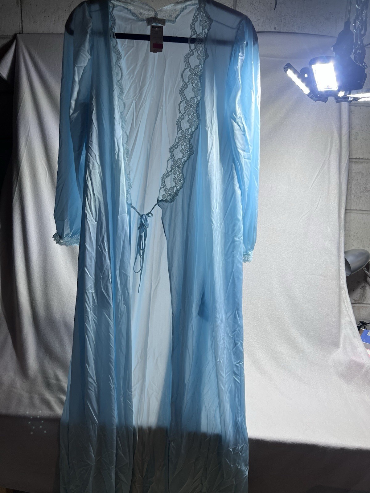 Vintage NWT Size L Miss Elaine Blue Silky SOFT Nylon Keyhole Night Robe w Lace