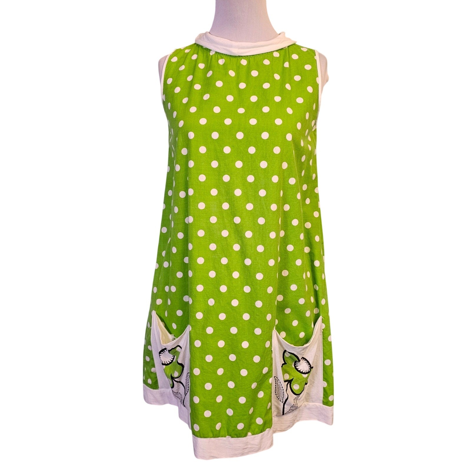 Vintage 60s Mod Lime Green Polka Dot Shift Dress Floral Pockets ALine Mini GOGO