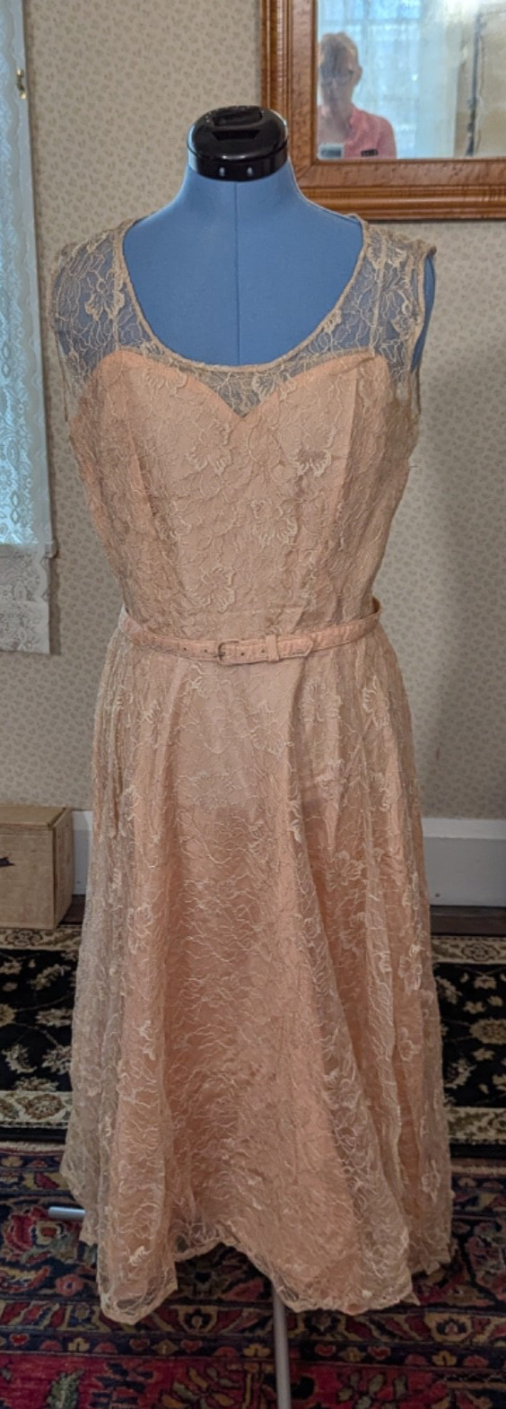 Vtg 1950s lace party Dress Evening Illusion Bodice back belt S/M peach ivory