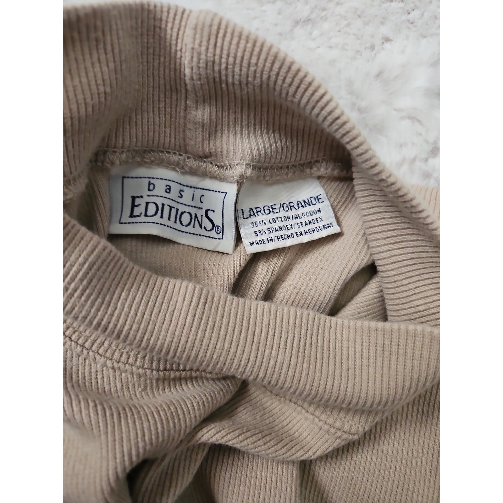 Vintage 90s Basic Editions Ribbed Mock Neck Short Sleeve Top L Tan