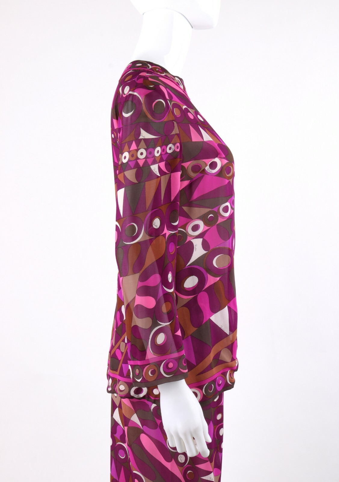 EMILIO PUCCI c.1960s 2pc Purple Multicolor Op Art Silk Blouse Pants Set Ensemble