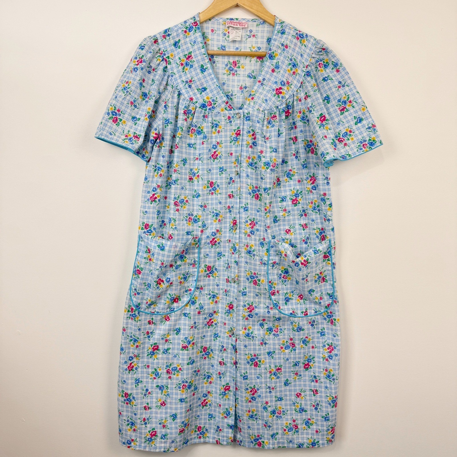 Vintage Kandy&rsquo;s Cover Ups House Dress Women Small Blue Floral Gingham Grannycore