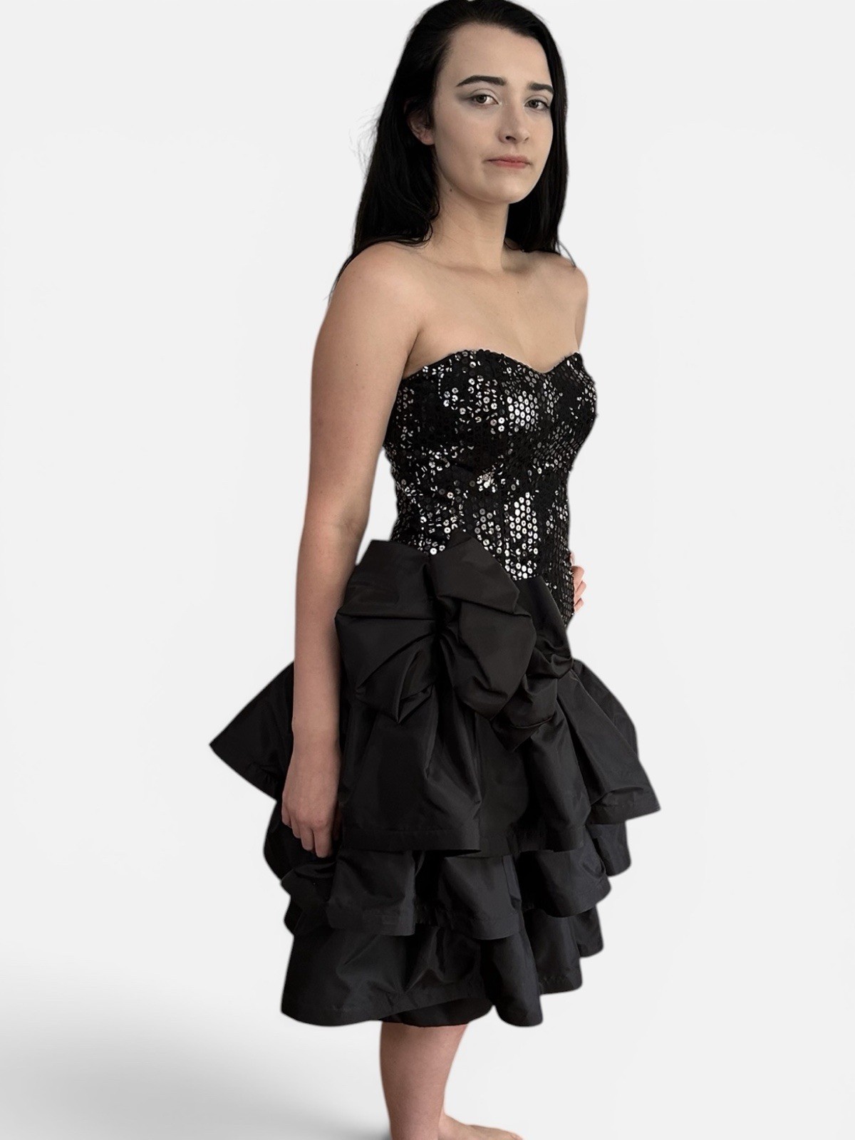 Vintage 80s Black Taffeta Sequins Cocktail Prom Dress ILGWU Made In USA Sz Small