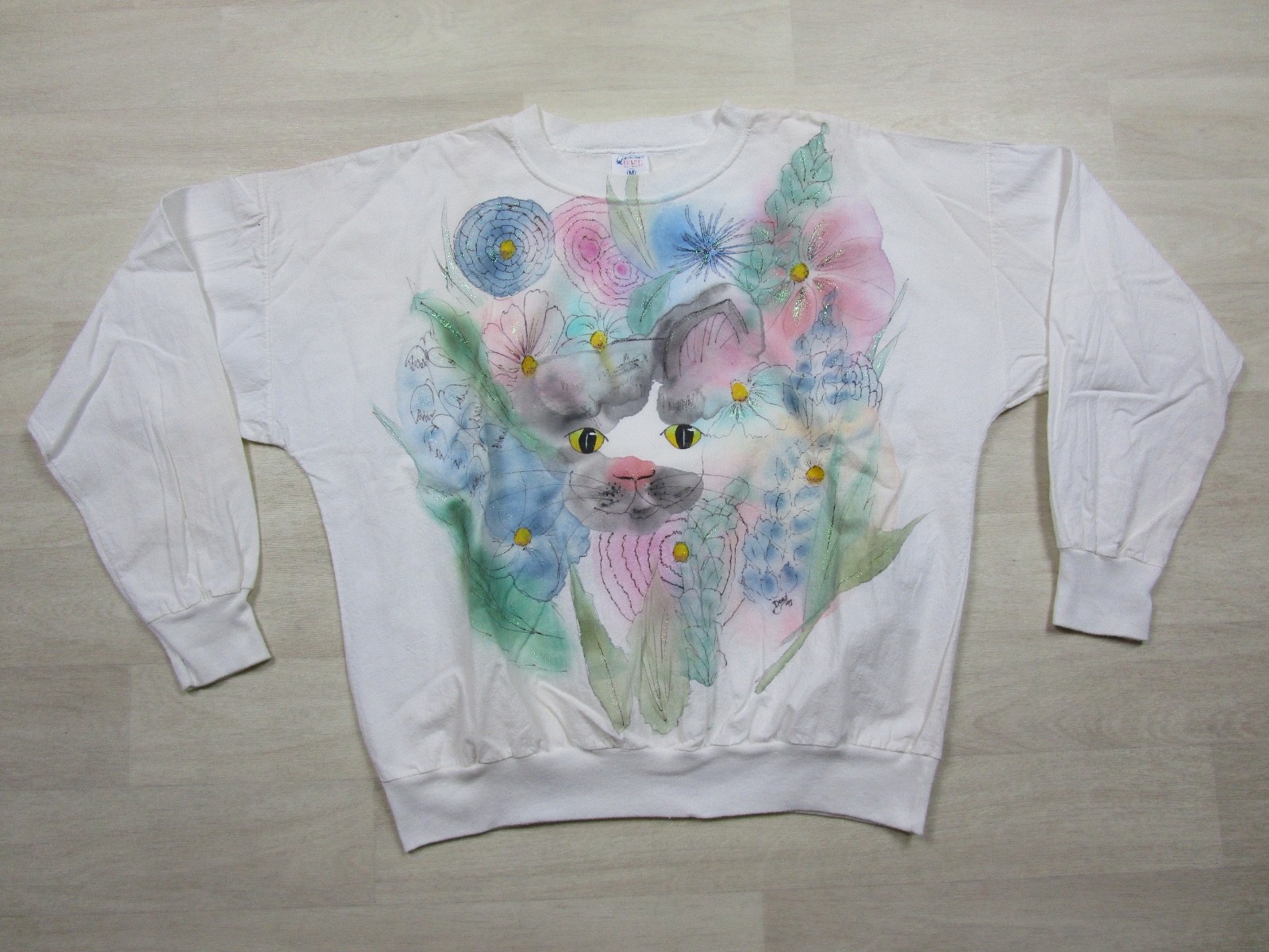 Vintage 90s Hand Painted Watercolor Crew Neck (M) Cat Flowal Abstract