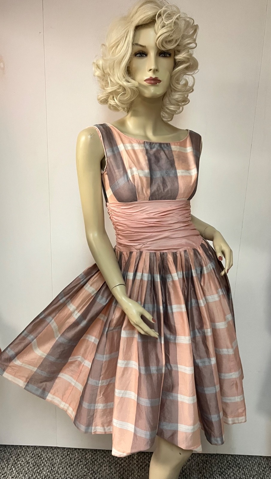 Vintage 1950 Plaid Back Zipper Cummerbund Crinoline Cocktail Party Dress Bust 33