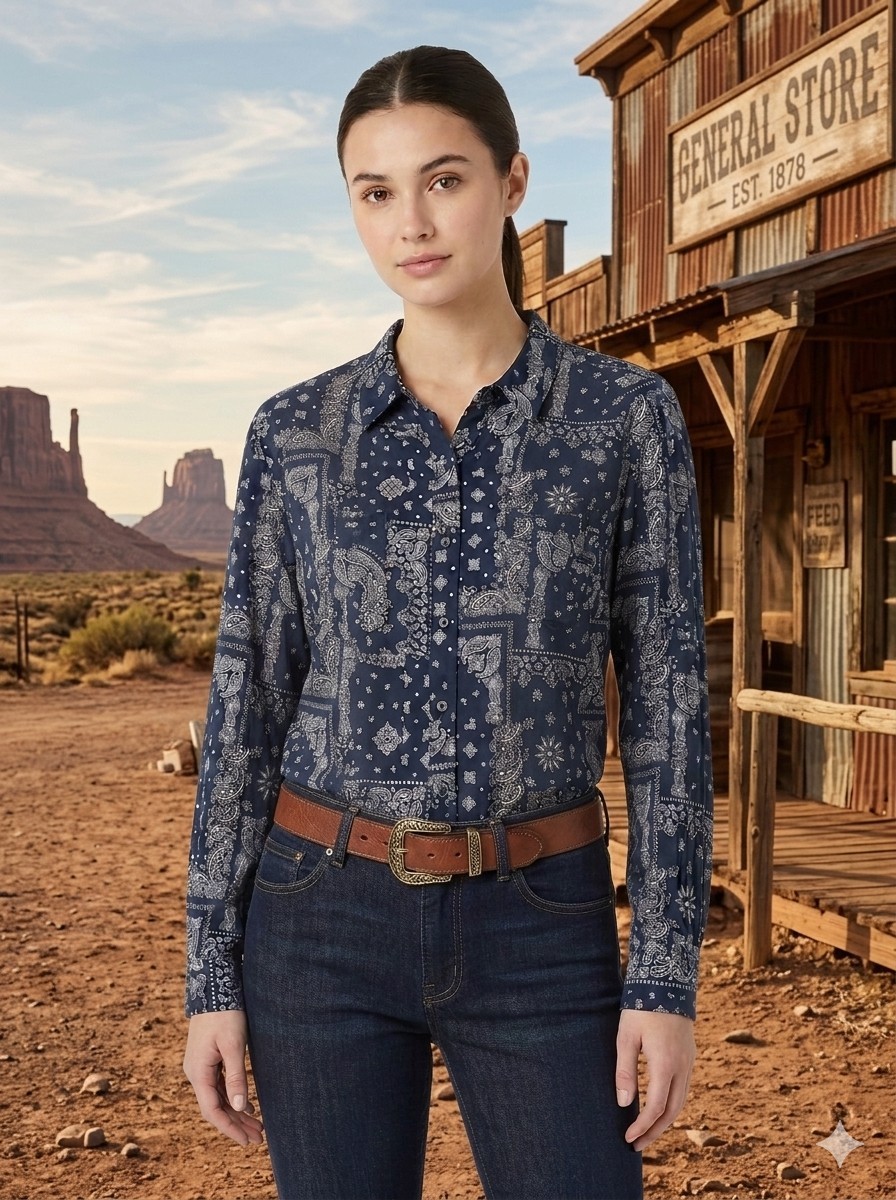 Wrangler Retro Women’s XL Button-Up Navy Blue Paisley Western Shirt Long Sleeve