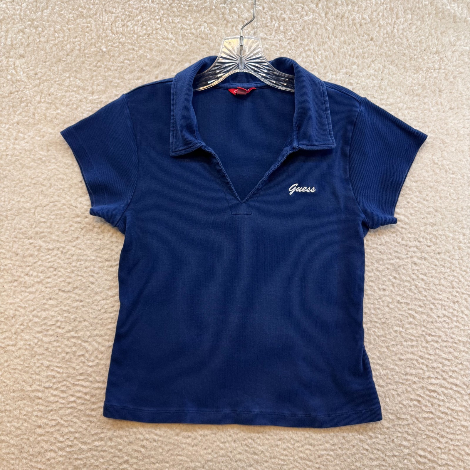 Y2K Vintage Guess Polo Shirt Top Large XL Navy Blue Logo Embroidered Preppy