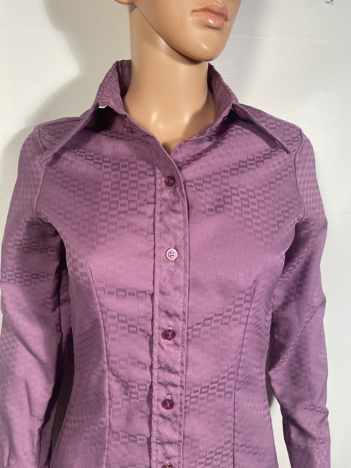 Vitg 70s Dagger Collar Damask Weave Geometric Print Tailored Purple Blouse Sz S