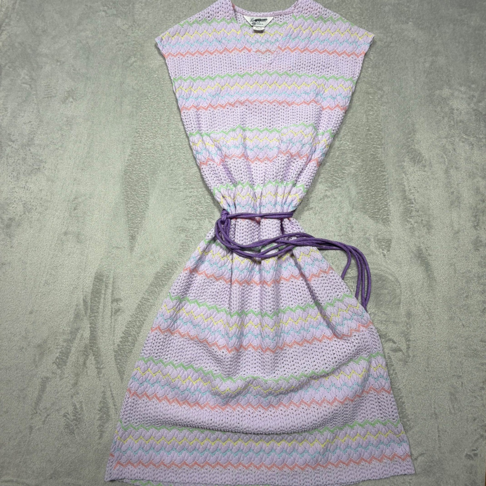 Vintage 70s Lavender Zigzag Knit Polyester Sleeveless Shift Dress Size 12 S/M