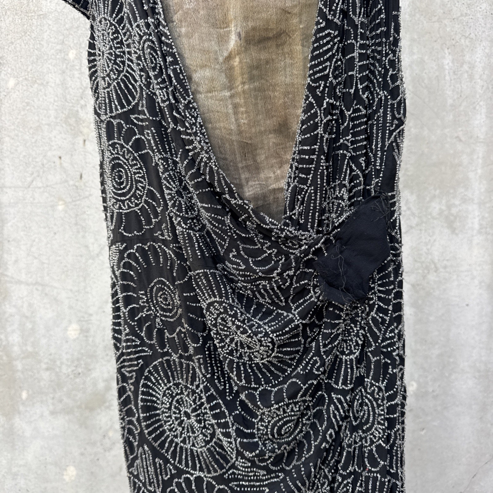 Antique 1920s Completely Beaded Flower Gown Silver Lamé Full Length Dress VTG