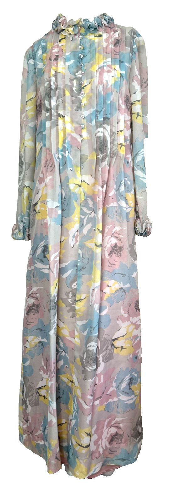 70s Floral Chiffon Hostess Dress Size Large Maxi ButtonUp Pleat Ruffle HighNeck