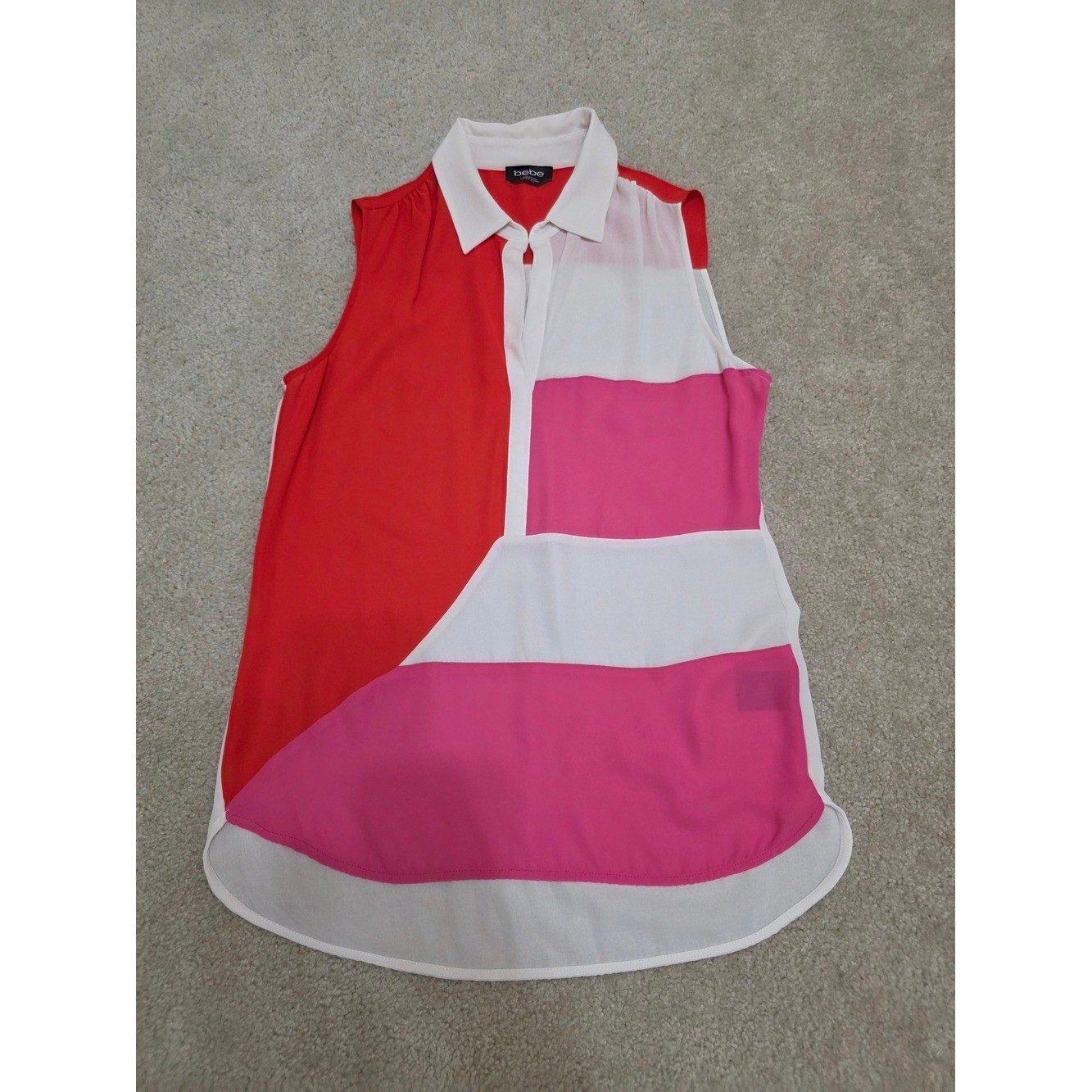 bebe Vintage Colorblock Sleeveless Collared Top – Red, Pink & White Size L