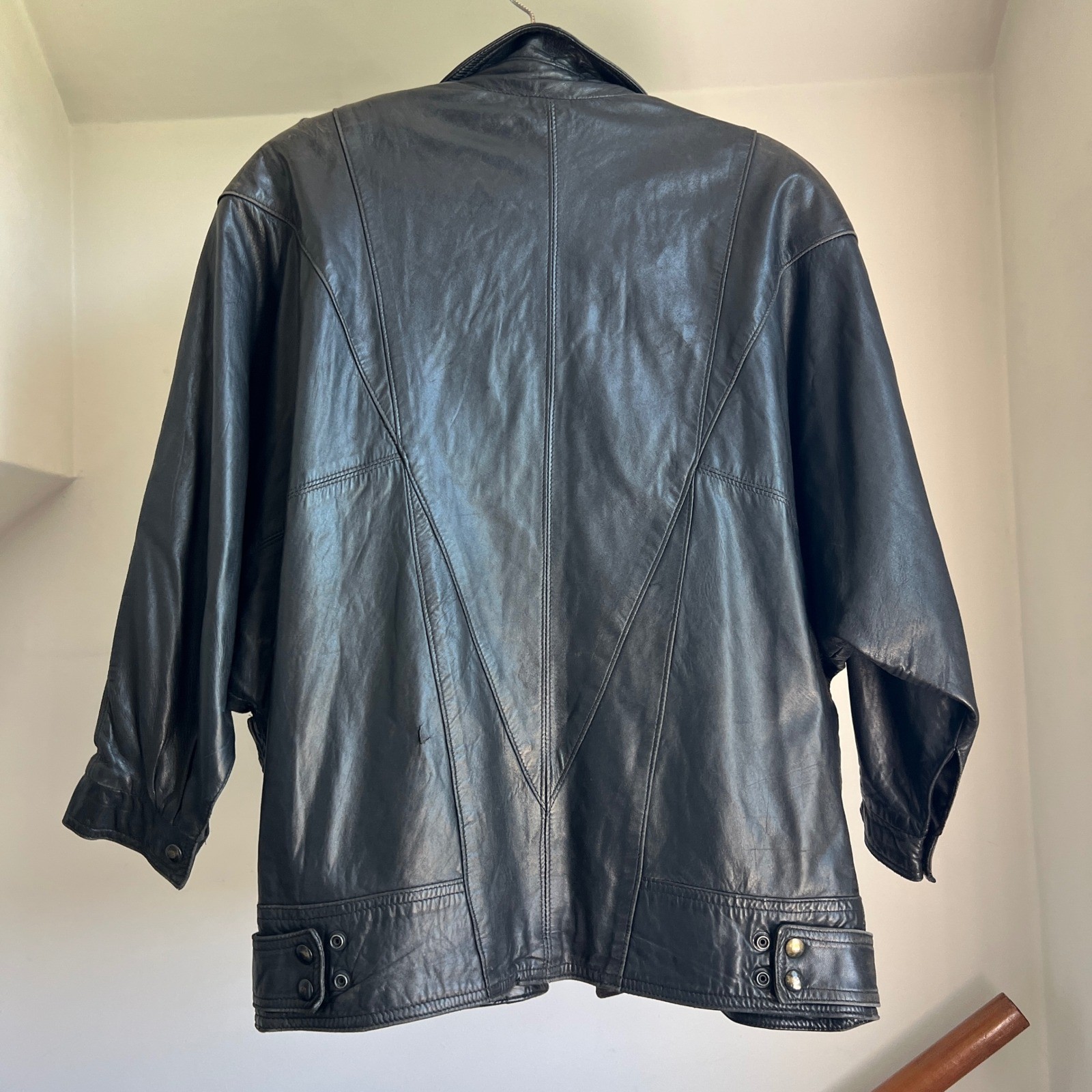 Vintage 80s Leather Jacket Black Biker Moto Dolman Sleeve Batwing Oversized USA