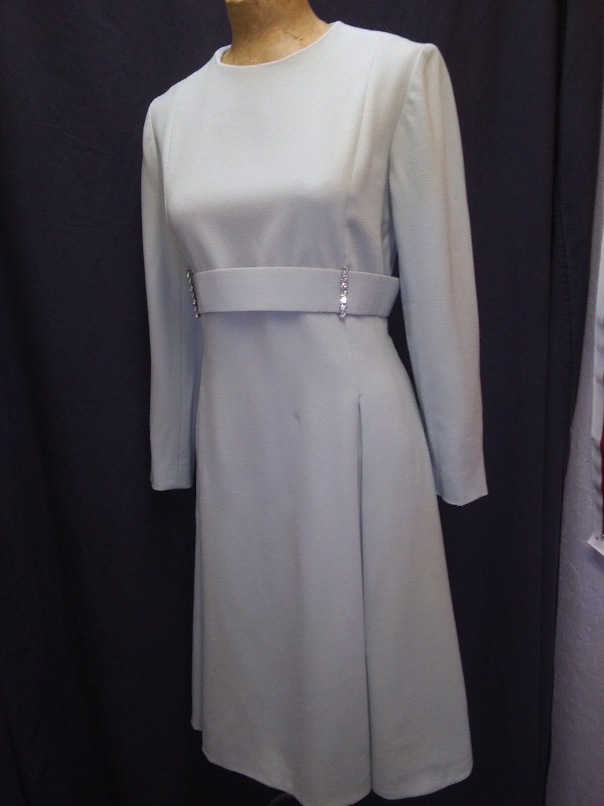 60&rsquo;s 70&rsquo;s Pale Blue Wool & Rhinestones Dress by Carlye for Beckman&rsquo;s M