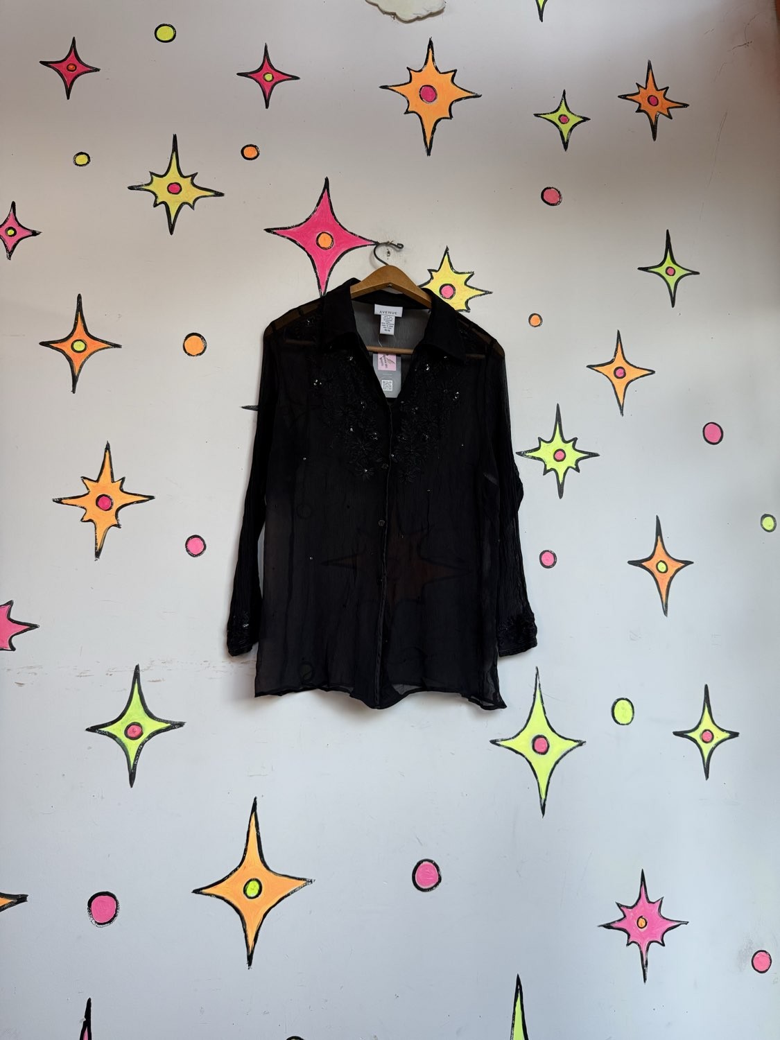 Black Sheer Silk Beaded Blouse Embroidered Evening Top Luxe Glam Whimsigoth XL