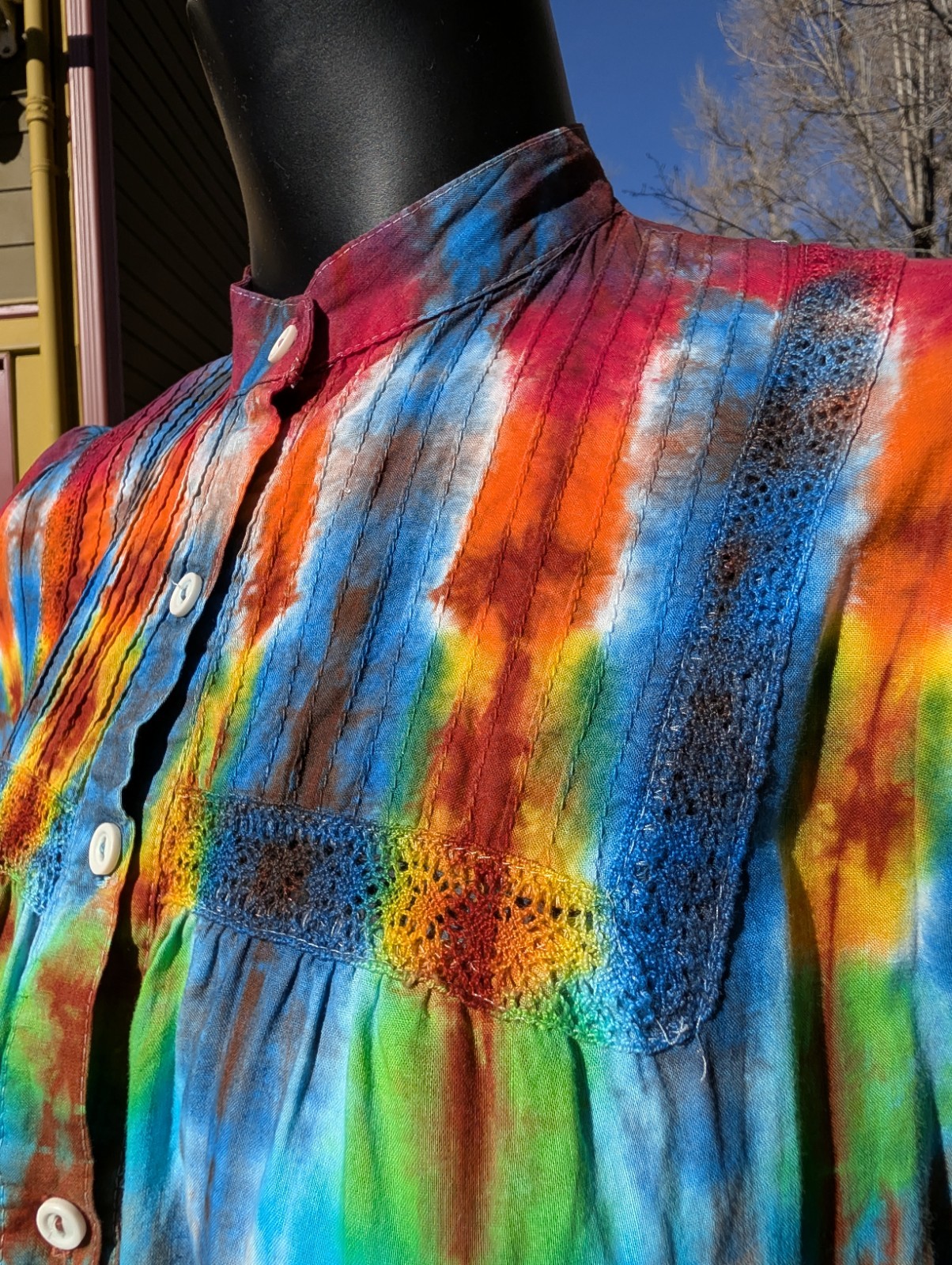 Vintage long sleeve cotton Tie Dye hippie festival dress sz L Aileen West