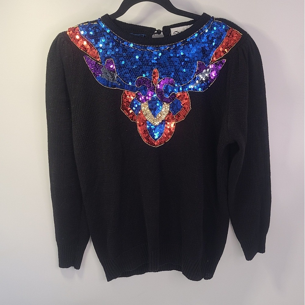 Statements by pronto vintage black redblue long sleeve sequin sweater size small