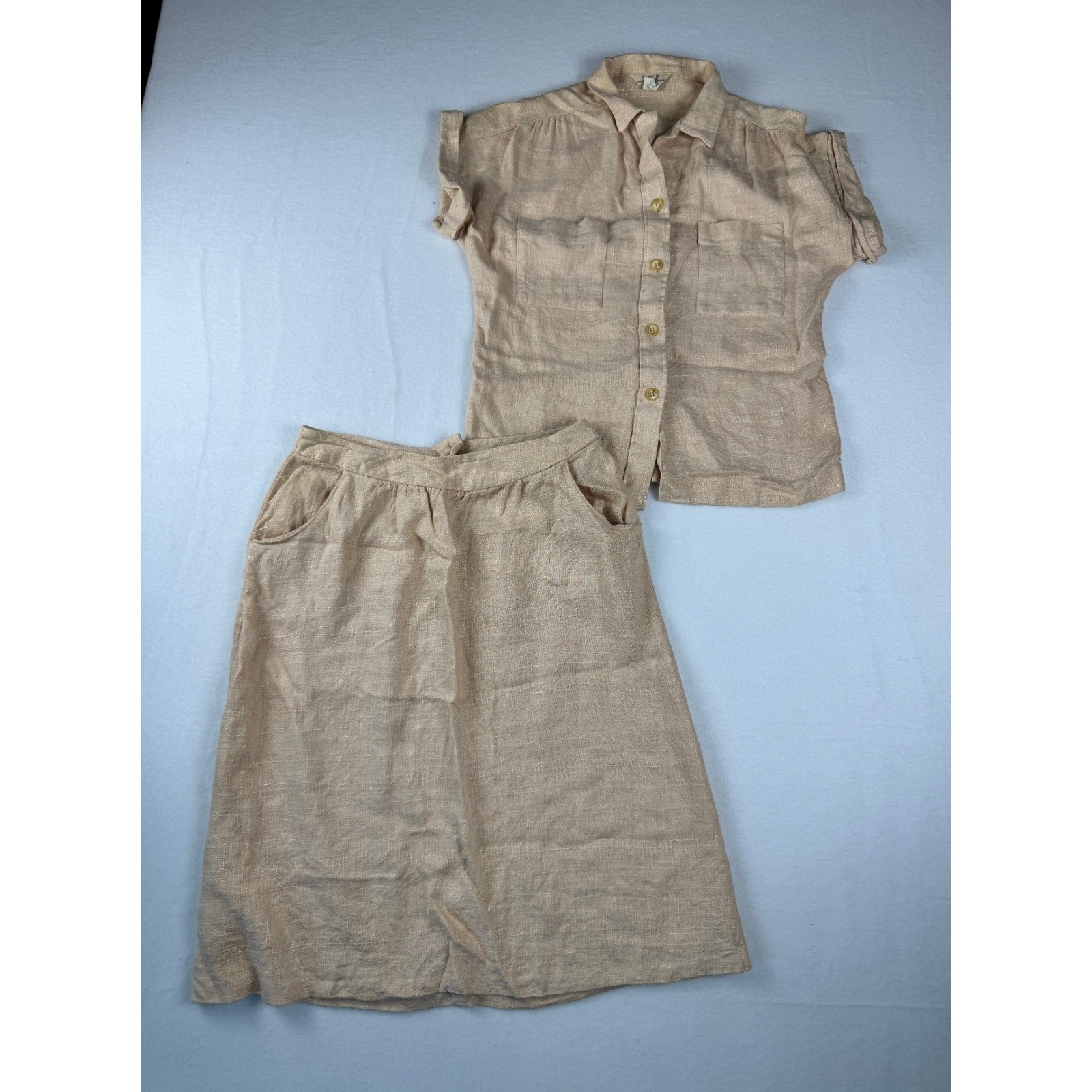 Vintage 70&rsquo;s Linen Blend Neutral Two Piece Skirt Set Tan Short Sleeve Top Midi