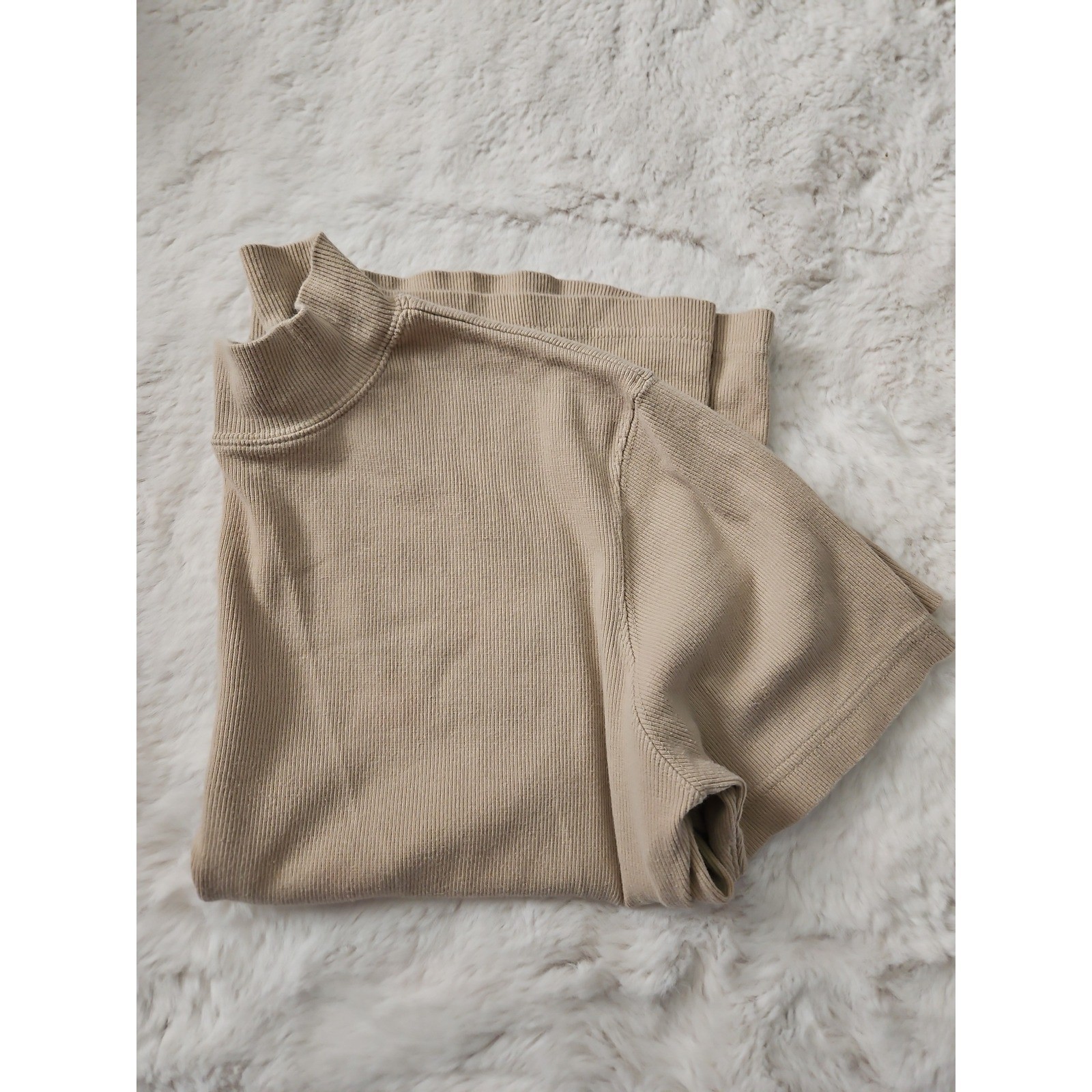 Vintage 90s Basic Editions Ribbed Mock Neck Short Sleeve Top L Tan