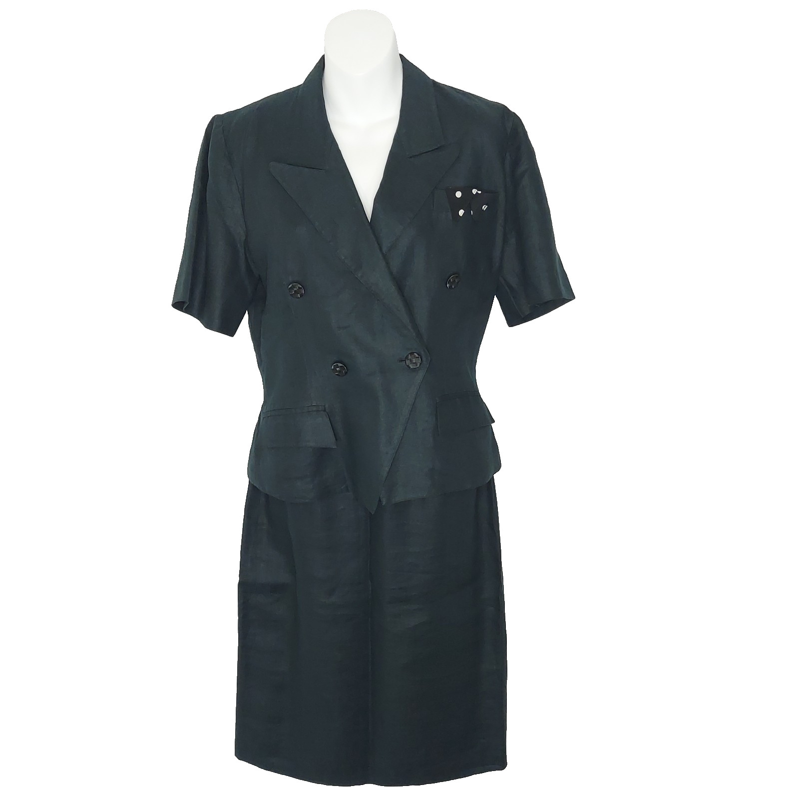 Linen Suit Double Breasted Jacket Blazer Pencil Skirt Off Black Green Vintage