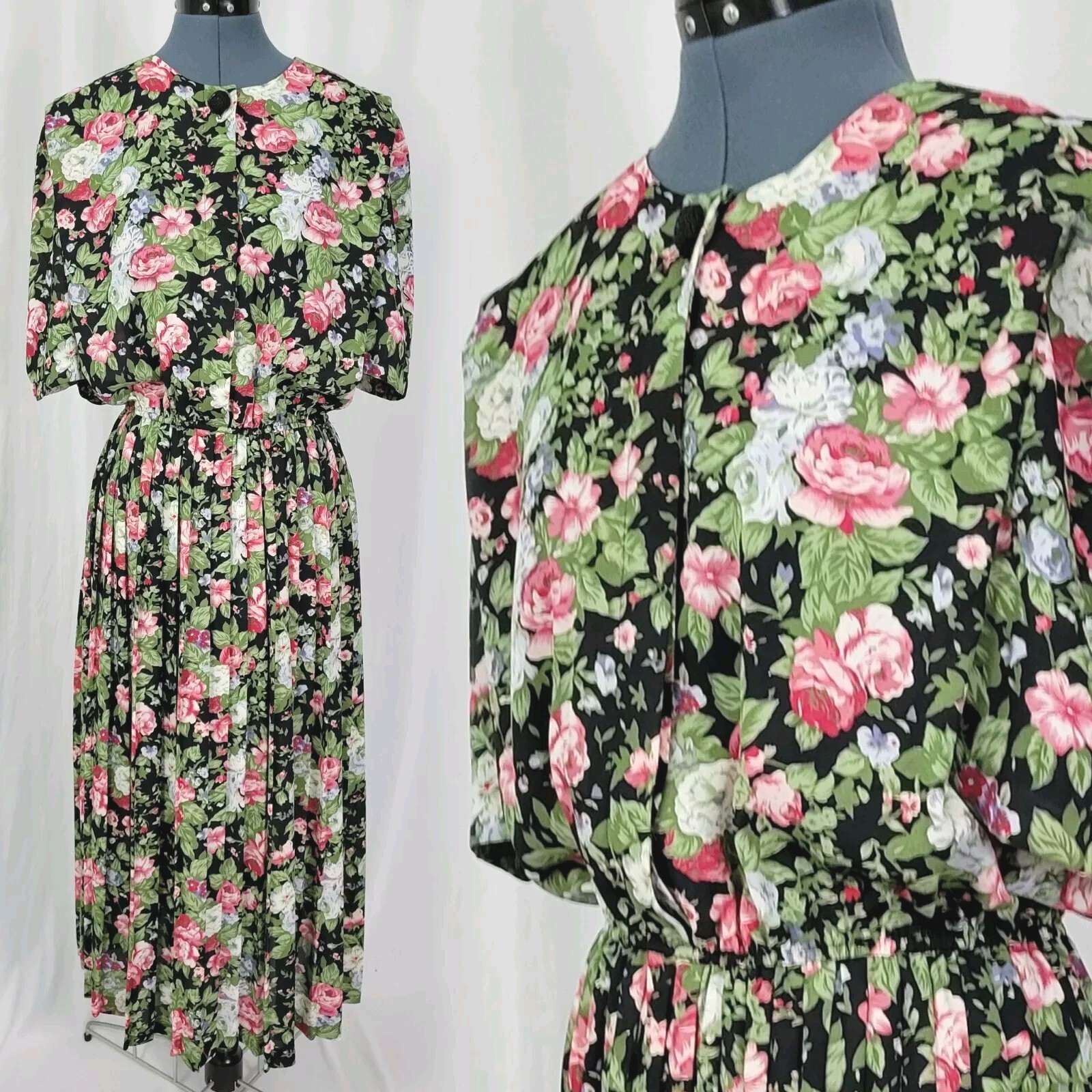 Vintage Lady Carol Black Floral S/S Blouson Dress w Pleated Skirt Size 14