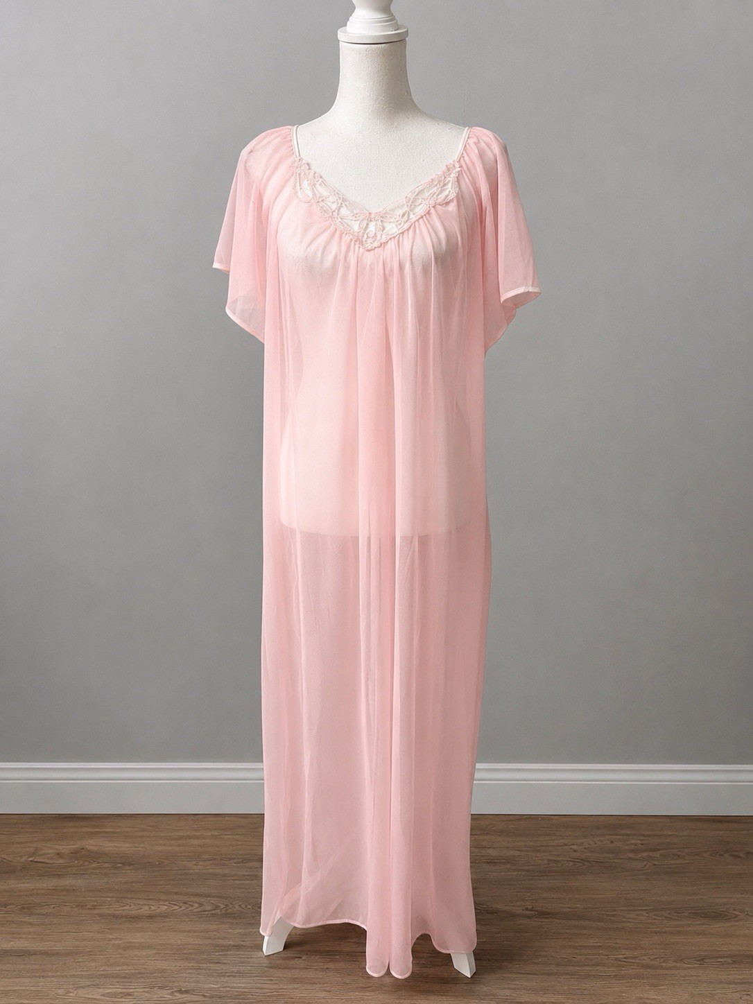 Vintage Sears Carriage Court Pink Nylon Maxi Nightgown Lace Trim One Size S-XL
