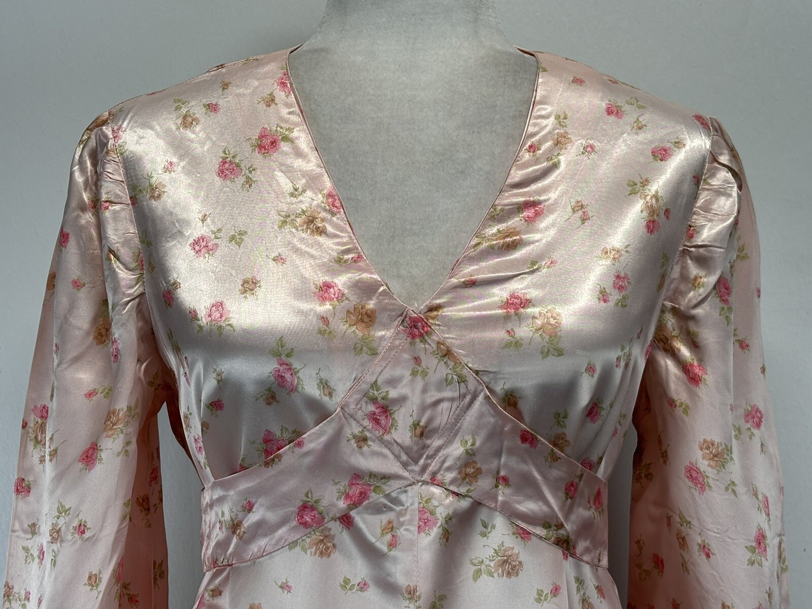 Vtg Handmade Satin Floral Gown Dress Pink Tie Back Cottage Core Prairie Long 70s