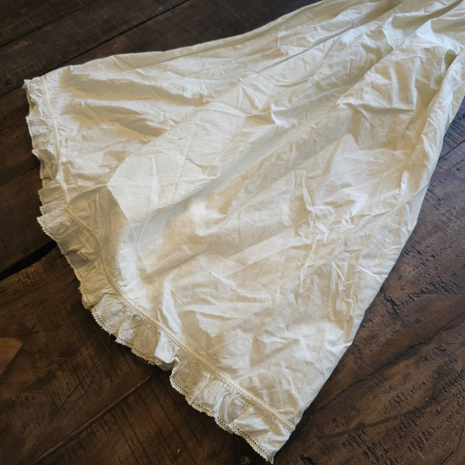 Antique Chemise Cream Lace Trim Slip Midi Dress w/ Ruffled Sleeves Edwardian