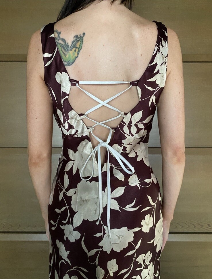 Vtg 90s Full Length Maxi Floral Plunging Back Lace Up Dress Gown Size S