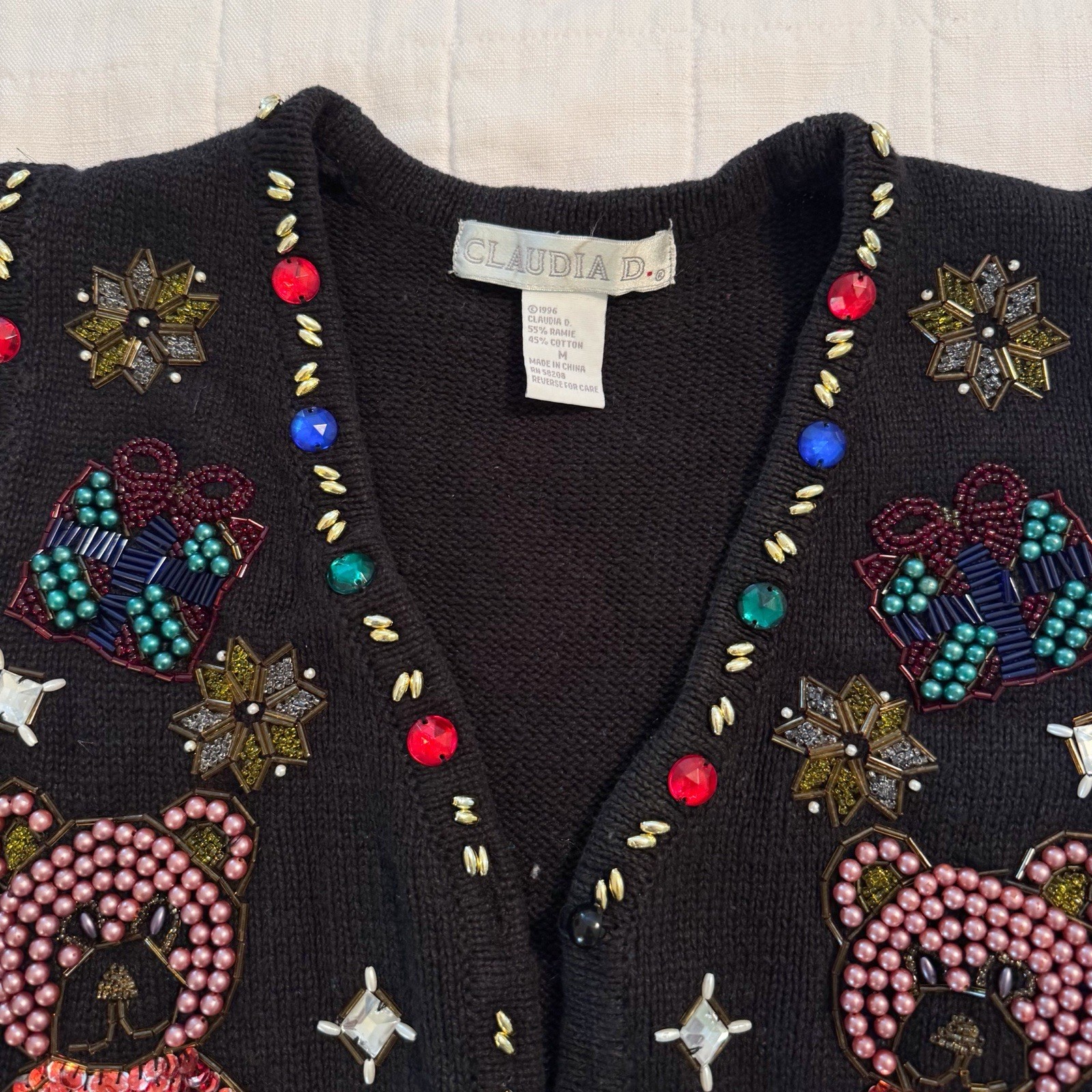 Vintage 90s Claudia D. Beaded Sequenced Christmas Sweater Vest Black Med Womens