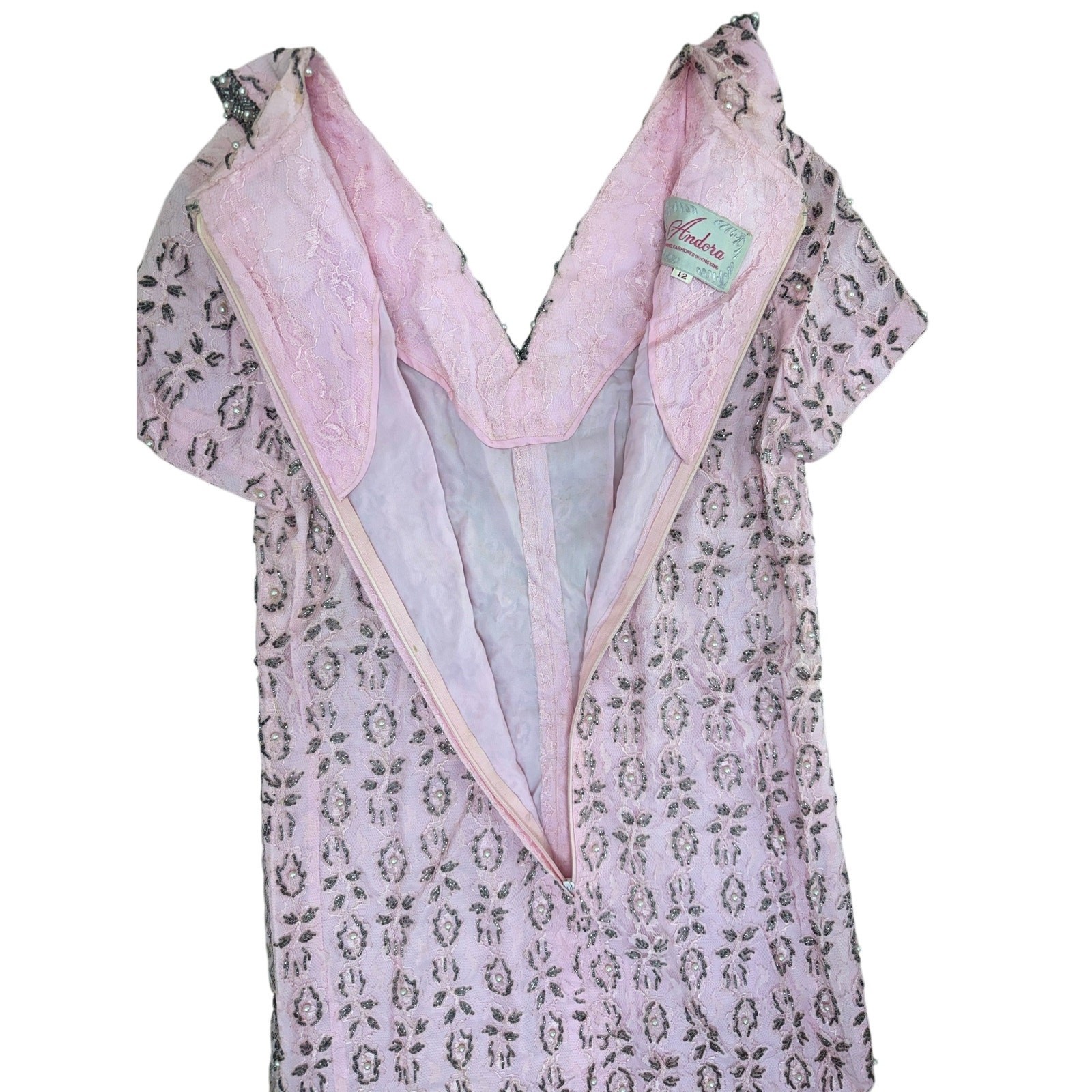 Vintage 70s Andora Hong Kong Pink Beaded Lace Sheath Dress Size 12