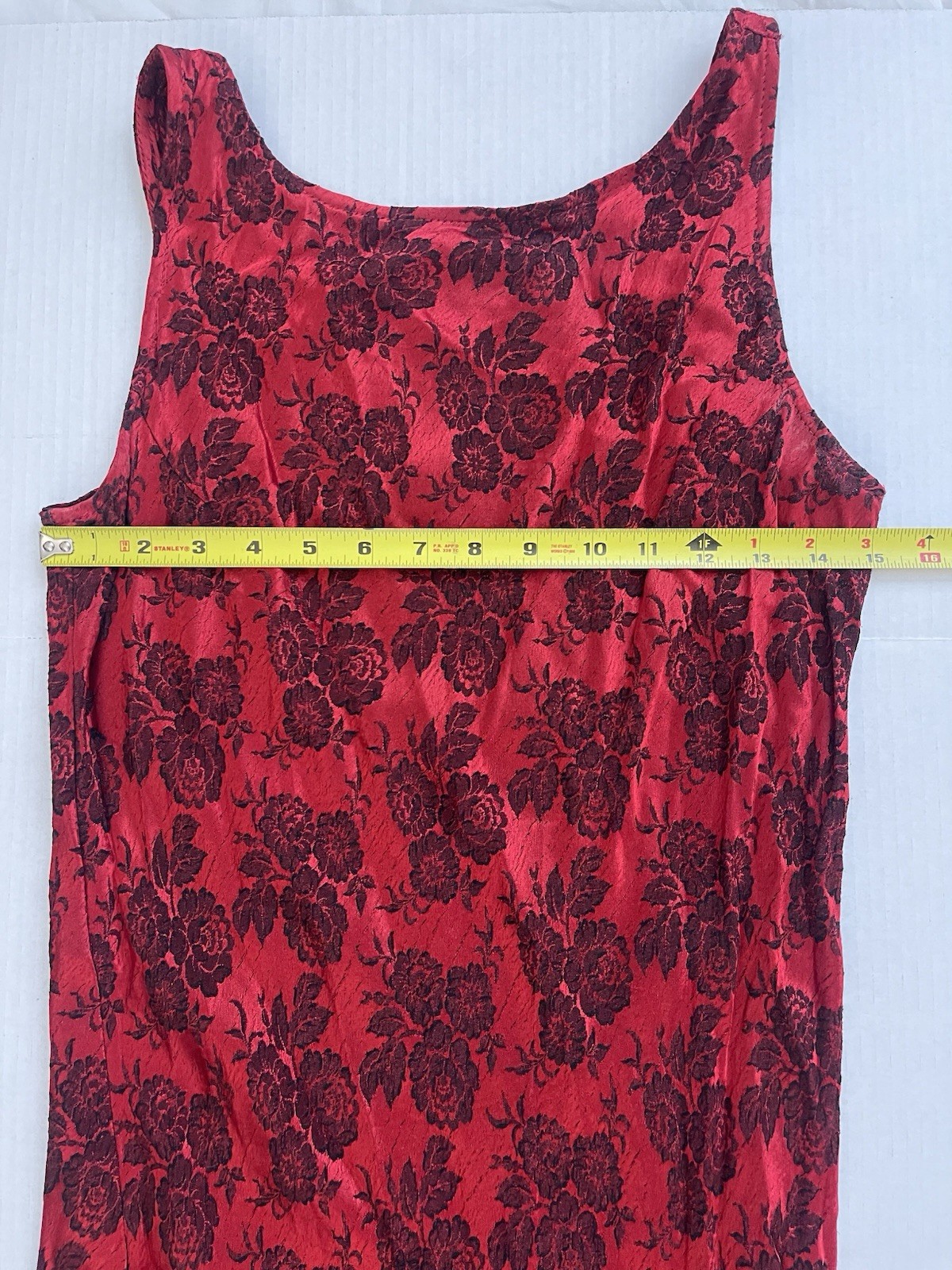 Vintage CDC Ruby Red Floral Jacquard Evening Column Gown Unique Chain Back