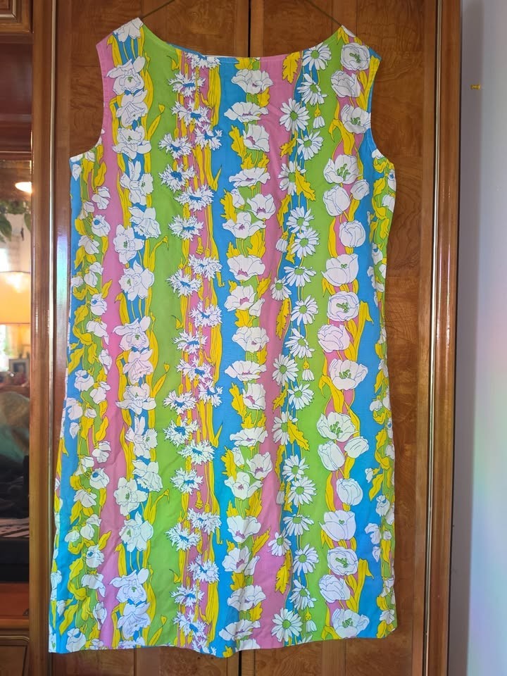 VTG Women&rsquo;s 60s Floral Stripe Mod Midi Linen Shift Dress Sz M 1960s