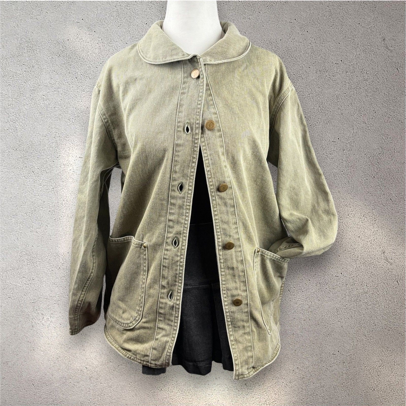 VTG 80s L.L. Bean Chore Coat Women&rsquo;s M Olive Peter Pan Collar Barn Jacket Work